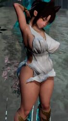 1girl 3d animal_ears animated audible_music breasts colored_skin dress highres large_breasts no_panties solo sound tagme the_elder_scrolls the_elder_scrolls_v:_skyrim video white_dress white_skin yellow_eyes