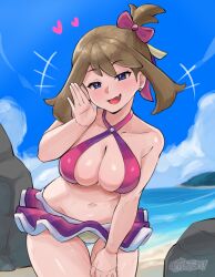 1girl absurdres artsheops bare_shoulders beach bikini blue_eyes blush bow breasts brown_hair cleavage eyelashes hair_bow highres idol large_breasts looking_at_viewer may_(contest)_(pokemon) may_(pokemon) midriff navel nintendo open_mouth pink_bikini pink_bow pink_skirt pokemon pokemon_oras purple_bikini skirt smile solo stomach swimsuit
