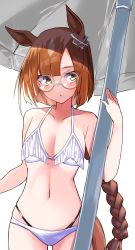 1girl animal_ears bare_shoulders beach_umbrella bikini blush braid braided_ponytail breasts brown_hair collarbone commentary_request cowboy_shot highres horse_ears horse_girl horse_tail ikuno_dictus_(umamusume) komb looking_to_the_side navel parted_lips round_eyewear simple_background small_breasts solo swimsuit tail umamusume umbrella white_background white_bikini yellow_eyes