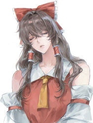 1girl absurdres ascot ashi_(dongshi389) bare_shoulders bow brown_hair chinese_commentary closed_eyes commentary_request detached_sleeves frilled_hair_tubes frills hair_between_eyes hair_bow hair_intakes hair_tubes hakurei_reimu highres long_hair long_sleeves parted_lips red_bow red_vest sidelocks simple_background solo touhou upper_body vest white_background white_sleeves yellow_ascot