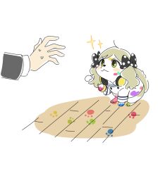 1other animal animal_focus animalization ap_bar bow clothed_animal dog grey_hair handa_roco headphones headphones_around_neck idolmaster idolmaster_million_live! long_hair looking_at_another paint_on_body paw_print polka_dot polka_dot_bow simple_background sparkle sweatdrop white_background wooden_floor yellow_eyes