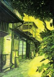 Rule 34 | absurdres, alley, architecture, balcony, building, complex exterior, crosshatching, east asian architecture, green theme, hatching (texture), highres, ibsukionsen, leaf, linear hatching, monochrome, no humans, original, outdoors, plant, railing, road, scenery, shouji, sliding doors, traditional media, trash can, tree, window