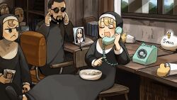 1boy 4girls :d antique_phone beard bird black_hair blonde_hair book bowl brown_hair chair chicken chocolate_chip_cookie closed_eyes clumsy_nun_(diva) commentary cookie corded_phone curly_nun_(diva) diva_(hyxpk) duck duckling english_commentary eyelashes_nun_(diva) facial_hair father_(diva) food froggy_nun_(diva) glasses glasses_nun_(diva) highres holding holding_photo little_nuns_(diva) multiple_girls nun opaque_glasses open_mouth phone photo_(object) rotary_phone round_eyewear smile spicy_nun_(diva) sunglasses traditional_nun