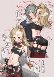 1boy 1girl absurdres ass bar_censor bare_shoulders black_shorts blonde_hair censored cum cum_on_body cum_on_clothes cum_on_stomach cum_string erection gloves goggles goggles_around_neck green_eyes grey_hair hand_on_another&#039;s_head heart hetero highres kiss long_hair mash_illust navel open_mouth orange_gloves penis piper_wheel shorts speech_bubble sweat translation_request wise_(zenless_zone_zero) zenless_zone_zero