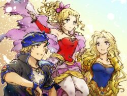 1boy 2girls ajino_g10a bandana blonde_hair blue_eyes blue_shirt celes_chere dress final_fantasy final_fantasy_vi green_hair high_ponytail locke_cole long_hair multiple_girls pantyhose parted_bangs ponytail red_dress shirt square_enix strapless strapless_dress tina_branford tube_dress vest yellow_vest