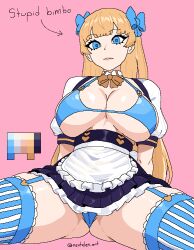 1girl apron arm_support arms_behind_back arrow_(symbol) back_ribbon bikini blonde_hair blue_bikini blue_bow blue_eyes blue_thighhighs blunt_bangs borrowed_character bow bowtie breastless_clothes breasts cleavage collar color_guide detached_collar detached_sleeves english_text expressionless frilled_apron frills garter_straps gold_bow gold_bowtie hair_bow hair_ornament heart huge_breasts leaning_back light_frown lina_(michihasu) long_hair looking_at_viewer maid maid_apron nevtelen original pink_background puffy_short_sleeves puffy_sleeves short_sleeves sideboob simple_background sitting solo spread_legs striped_clothes striped_thighhighs swimsuit thighhighs thighs unconventional_maid underboob white_apron white_thighhighs zettai_ryouiki