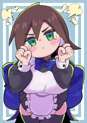 Rule 34 | 1girl, absurdres, aile (mega man zx), apron, bent over, black dress, blue background, blush stickers, breasts, brown hair, buzzlyears, cowboy shot, dress, green eyes, highres, large breasts, maid, mega man (series), mega man zx, pout, robot ears, simple background, solo, tears, white apron
