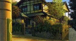 architecture blue_sky blurry brick_wall bush depth_of_field evening foliage highres house no_humans official_art outdoors overgrown painting_(medium) road scenery sky stairs third-party_source toki_wo_kakeru_shoujo traditional_media tree urban yamamoto_nizo
