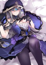 Rule 34 | 1girl, ?, absurdres, adina savic, bare shoulders, bed sheet, black collar, black gloves, black panties, black pantyhose, black survival, blue eyes, blue gemstone, blush, breasts, cleavage, collar, commentary, commission, detached collar, dress, eternal return: black survival, gem, gloves, gold trim, gradient clothes, gradient dress, grey hair, haagyu, hand on own chest, highres, knee up, korean commentary, long hair, looking at viewer, lying, medium breasts, nervous sweating, on back, on bed, panties, pantyhose, pillow, pixiv commission, purple dress, purple veil, sleeveless, sleeveless dress, solo, speech bubble, staring, sweat, underwear, veil