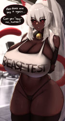 1girl animal_ears arms_behind_back bare_shoulders bell black_panties black_sclera black_thighhighs blurry borrowed_character breasts cat_ears cat_girl cat_tail choker cleavage clothes_writing coco_(bakeneko) colored_sclera commentary commission curvy dark-skinned_female dark_skin depth_of_field elbow_gloves english_commentary english_text fingerless_gloves gloves gym highres huge_breasts jingle_bell long_hair mole mole_on_breast mole_on_thigh mole_under_eye navel neck_bell no_pants original panties ponytail red_eyes roresu skindentation solo sports_bra sweat tail thick_eyebrows thick_thighs thighhighs thighs towel towel_around_neck underwear very_long_hair white_hair wide_hips