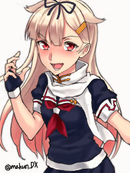 Rule 34 | 1girl, black gloves, black ribbon, black serafuku, black shirt, black skirt, blonde hair, fang, fingerless gloves, gloves, hair flaps, hair ornament, hair ribbon, hairclip, highres, kantai collection, long hair, maakun (makun dx), neckerchief, one-hour drawing challenge, red eyes, red neckerchief, ribbon, sailor collar, sailor shirt, scarf, school uniform, serafuku, shirt, simple background, skin fang, skirt, smile, solo, twitter username, upper body, white background, white sailor collar, white scarf, yuudachi (kancolle), yuudachi kai ni (kancolle)