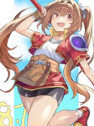 Rule 34 | 1girl, absurdres, antenna hair, armor, bike shorts, blue sky, border, brown gloves, brown hair, cancanbaobao55, cloud, cropped jacket, double-parted bangs, eiyuu densetsu, estelle bright, fingerless gloves, gloves, hair between eyes, hair intakes, highres, holding, holding staff, holding weapon, long hair, open mouth, pauldrons, red eyes, shoes, short sleeves, shorts, shorts under skirt, shoulder armor, single pauldron, skirt, sky, smile, sneakers, solo, sora no kiseki, staff, twintails, weapon, white border