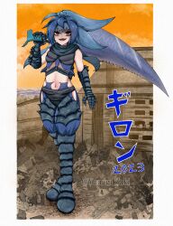 1girl 2023 absurdres blue_hair boots border breasts building cosplay debris destruction engi_(animation_studio) gamera_(series) gamera_-rebirth- giant giant_monster giantess gloves guiron guiron_(cosplay) highres japanese_text kadokawa kaiju looking_at_viewer midriff monster monster_girl navel ocean personification red_eyes rubble serrated_blade serrated_sword sharp_teeth small_breasts smile sword teeth twilight water weapon white_border yanagi_zaki