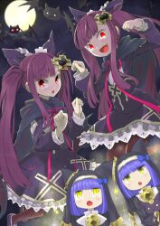 4girls alucard_lore animal_ear_headwear bastet_lore bat_(animal) bell black_cloak blue_hair boots bow brown_thighhighs cat_girl cloak doppelganger dress dual_persona emil_chronicle_online fake_animal_ears familiar fang frilled_dress frills hair_bow hair_ornament holding holding_stuffed_toy long_hair moon multiple_girls neck_bell nun purple_boots purple_dress purple_hair red_eyes red_ribbon ribbon stuffed_toy thighhighs twintails vampire yellow_eyes zabrou