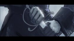 1girl black_border black_shirt black_sleeve_cuffs border close-up gloves hand_on_hilt highres holding holding_sheath letterboxed long_sleeves original saber_(weapon) scabbard sheath shirt solo sword unsheathing vertigris weapon weapon_focus white_gloves
