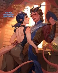 1boy 1girl absurdres armor artistic_error ass back_cutout baldur&#039;s_gate baldur&#039;s_gate_3 black_hair black_shirt book brown_hair character_request clothing_cutout colored_skin commission couple demon_boy demon_girl demon_horns demon_tail dungeons_&amp;_dragons dungeons_&amp;_dragons english_text hand_on_another&#039;s_back hetero highres holding holding_book horns leg_between_thighs medium_hair poofroom_fanart red_skin shirt shoulder_armor tail tav_(baldur&#039;s_gate) tiefling
