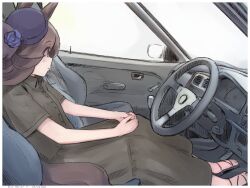 1girl animal_ears balladeluce border brown_hair brown_shirt brown_skirt buttons car car_interior eyes_visible_through_hair flower hat hat_flower highres horse_ears horse_girl horse_tail long_hair long_skirt looking_afar motor_vehicle rice_shower_(umamusume) sandals shirt sitting skirt skirt_set solo steering_wheel tail umamusume white_border