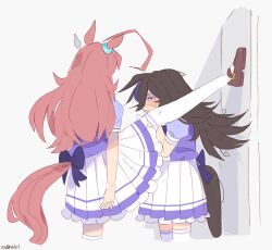 Rule 34 | 2girls, ahoge, animal ears, arm at side, back bow, black hair, blush, bow, covered mouth, covering own mouth, ear ornament, ears down, empty eyes, foot against wall, foot kabedon, hair over one eye, hand over own mouth, hand up, hat, highres, horse ears, horse girl, horse tail, huge ahoge, kabedon, leg up, locker foot kabedon (meme), long hair, looking at another, meme, mihono bourbon (umamusume), miniskirt, multiple girls, pleated skirt, purple eyes, raised inner eyebrows, red hair, rice shower (umamusume), school uniform, shirt, shirt tucked in, shoes, short sleeves, skirt, split, standing, standing on one leg, standing split, tail, thighhighs, tracen school uniform, turn pale, umamusume, unfamousradish, very long hair