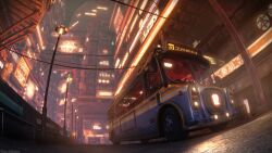 3d bench building bus city from_below fujitarian highres lamppost motor_vehicle night original outdoors power_lines scenery urban window