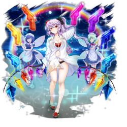 3girls :q alternate_costume alternate_hair_color apron beach bikini black_bikini black_sandals blue_dress bow bowtie breasts chain cleavage collarbone collared_shirt crystal crystal_wings dress fairy fairy_maid_(touhou) fairy_wings flandre_scarlet flandre_scarlet_(vampire_pursuing_the_hunter) flower flower_request full_moon game_cg glasses green_hair hair_flower hair_ornament hair_scrunchie highres holding holding_sandals large_breasts lens_flare long_hair long_sleeves looking_at_viewer maid maid_apron maid_headdress moon multicolored_wings multiple_girls nail_polish navel night night_sky o-ring o-ring_bikini ocean official_art one_side_up partially_unbuttoned pointy_ears puffy_short_sleeves puffy_sleeves purple_hair rainbow_gradient red_bow red_bowtie red_eyes red_flower red_nails rotte_(1109) sand sandals scrunchie shirt short_sleeves sky sparkle star_(sky) swimsuit swimsuit_under_clothes third-party_source toenail_polish toenails toes tongue tongue_out touhou touhou_lostword transparent_background unworn_sandals water_gun white_apron white_shirt wings