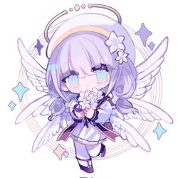 angel angel_wings blue_eyes blush bow cateameow chibi dress feathered_wings flower full_body hair_between_eyes hair_flower hair_ornament halo highres long_hair long_sleeves low_twintails maimai_(game) pleated_dress sailor_collar sailor_dress solo twintails white_dress white_sailor_collar white_wings wings yurisaki_mika_(maimai)