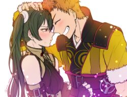 1boy 1girl black_gloves black_hair black_shirt blonde_hair breasts commentary english_commentary facing_another fingerless_gloves fire_emblem fire_emblem_awakening from_side gloves grin hand_on_another&#039;s_head hetero highres liekahp long_hair looking_at_another nintendo owain_(fire_emblem) severa_(fire_emblem) shirt short_hair simple_background sleeveless sleeveless_shirt smile twintails white_background yellow_shirt