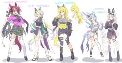 5girls absurdres alternate_costume animal_ears black_dress blonde_hair blue_hair bow breasts claude_clawmark doppio_dropscythe dress ear_ornament ear_ribbon elira_pendora genderswap gloves goth_fashion green_eyes grey_hair highres horse_ears horse_girl horse_tail kemonomimi_mode milkuriem multiple_girls nijisanji nijisanji_en pink_dress red_hair reference_sheet serious simple_background smile socks sonny_brisko tail umamusume virtual_youtuber white_dress