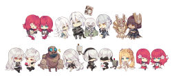 2b_(nier:automata) 6+girls 9s_(nier:automata) a2_(nier:automata) adam_(nier:automata) apple bandaged_arm bandages black_hairband blindfold blonde_hair blue_eyes book brother_and_sister brown_hair chibi commander_(nier:automata) dango devola dress emil_(nier) eve_(nier:automata) food fruit fyra glasses green_eyes grimoire_weiss hairband highres kaine_(nier) kllsiren lingerie machine_(nier) mask masked_king multiple_boys multiple_girls negligee nier nier:automata nier_(brother) nier_(brother)_(post_timeskip) nier_(series) pascal_(nier:automata) pod_(nier:automata) popola red_eyes red_hair siblings silver_hair twins underwear wagashi yellow_eyes yonah