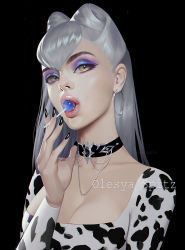 1girl blue_eyeshadow candy choker chupa_chups cone_hair_bun earrings evelynn_(league_of_legends) eyeshadow fingernails food hair_between_eyes hair_bun holding holding_candy holding_food hoop_earrings jewelry k/da_(league_of_legends) league_of_legends lips lollipop makeup nail_polish nose olesyaspitz realistic simple_background the_baddest_evelynn upper_body victory_rolls