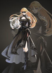 1girl alternate_costume alternate_universe black_blindfold black_boots black_dress black_socks blindfold blonde_hair blunt_bangs boots breasts cleavage dress feather_trim full_body hair_ribbon highres holding holding_instrument holding_lyre instrument kneehighs kurokawa_karasu long_hair lyre medium_breasts nier:automata nier_(series) nintendo princess_zelda ribbon side_slit sidelocks socks solo the_legend_of_zelda the_legend_of_zelda:_skyward_sword white_ribbon