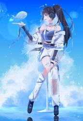 1girl absurdres ahoge akaiv_studio animal_ear_headphones animal_ears asymmetrical_legwear axent_wear bare_shoulders belt black_hair blue_choker blue_eyes blue_shirt breasts cat_ear_headphones chest_harness choker cleavage crop_top fake_animal_ears harness headphones high-waist_shorts highres jacket kneehighs long_hair long_sleeves medium_breasts midriff_peek off_shoulder open_clothes open_jacket open_mouth ponytail profile see-through_clothes see-through_sleeves shirt shoes shorts smile socks solo thighhighs va_3se virtual_youtuber whale white_jacket white_shorts white_thighhighs yeorumi_(vtuber)