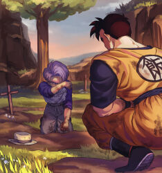 2boys aged_down black_hair blue_eyes blue_shirt blue_sleeves boriroba capsule_corp commentary_request cross crying crying_with_eyes_open dirt dirty dirty_clothes dougi dragon_ball dragonball_z flower grass grave graveyard grey_pants hat highres kneeling looking_down male_focus multiple_boys muscular muscular_male orange_dougi outdoors pants purple_hair raglan_sleeves shirt shirt_tucked_in short_hair side_part sleeves_rolled_up son_gohan son_gohan_(future) spiked_hair squatting sweatpants teacher_and_student tears tree trunks_(dragon_ball) trunks_(future)_(dragon_ball) unworn_hat unworn_headwear white_shirt wiping_tears