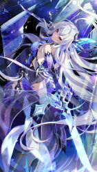 Rule 34 | 1girl, azurelight (genshin impact), back, bare shoulders, breasts, broken glass, closed mouth, crystal shards, diamond-shaped pupils, diamond (shape), dress, dual wielding, floating hair, from behind, from side, genshin impact, glass, glass shards, hair between eyes, hair ornament, highres, holding, holding sword, holding weapon, icedango (dpopic3), lens flare, light particles, long hair, looking at viewer, looking back, medium breasts, midair, night, night sky, parted lips, prosthesis, prosthetic arm, prosthetic leg, purple dress, red eyes, short dress, skirk (genshin impact), sky, solo, star (sky), starry sky, sword, symbol-shaped pupils, thighs, turning head, two-tone dress, very long hair, weapon, white hair