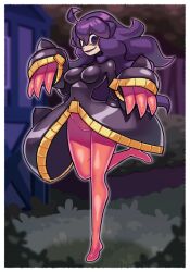 1girl @_@ ahoge banette banette_(cosplay) blurry blurry_background border breasts commentary cosplay creatures_(company) curly_hair full_body game_freak gen_3_pokemon grass hex_maniac_(pokemon) highres kurt_robinson leg_up long_hair looking_at_viewer mega_banette mega_pokemon nintendo open_mouth outdoors pantyhose pink_pantyhose pokemon pokemon_xy purple_hair shaded_face skin_tight smile solo standing standing_on_one_leg white_border zipper zipper_pull_tab