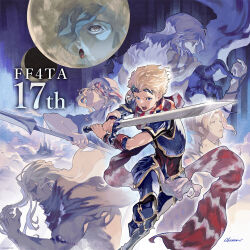 2girls 4boys anniversary armor armored_boots bead_bracelet beads blonde_hair blue_eyes blue_hair boots bracelet cain_highwind cecil_harvey ceodore_harvey copyright_name crescent_moon cuirass earrings final_fantasy final_fantasy_iv final_fantasy_iv:_the_after_years floating_hair full_moon gem golbez green_eyes hand_up holding holding_polearm holding_sword holding_weapon jewelry leather_armor long_hair long_scarf maenad moon multiple_boys multiple_girls official_art okazaki_rika pauldrons polearm purple_gemstone red_scarf reflection rosa_farrell scarf second-party_source short_hair shoulder_armor signature single_earring single_vambrace spear striped_clothes striped_scarf sword two-handed two-tone_scarf vambraces weapon white_hair white_scarf yellow_eyes