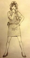 Rule 34 | 1girl, belt, black footwear, blowing whistle, bulletproof vest, commentary, female service cap, full body, graphite (medium), hand on own hip, hat, high heels, highres, holster, japan national police, monochrome, mori chizuru, osg pk, police, police and lady, police hat, police uniform, policewoman, short sleeves, traditional media, walkie-talkie, watch, whistle, wristwatch