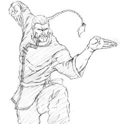 Rule 34 | 1boy, braid, chinese clothes, facial hair, fighting stance, g gundam, gundam, kubo tite (style), long hair, long sleeves, looking at viewer, male focus, master asia, mature male, monochrome, mustache, rakusakugk, simple background, solo, standing, standing on one leg, white background