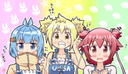 Rule 34 | 3girls, animal print, apron, blonde hair, blue eyes, blue hair, blush, bone hair ornament, carrot hair ornament, covered mouth, food-themed hair ornament, grin, hair bun, hair ornament, hair ribbon, itochan, itsumo hokuto, jewelry, multiple girls, necklace, playing with another&#039;s hair, rabbit background, rabbit print, red eyes, red hair, ribbon, shakunetsu no takkyuu musume, short twintails, side bun, single side bun, smile, star (symbol), star symbol background, talisman, tenka hanabi, topknot, translation request, tsumujikaze koyori, twintails, yellow eyes, zipper