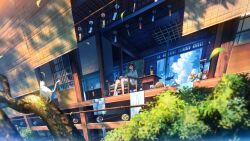 1girl branch building cat chair closed_eyes highres original scenery shuu_illust sitting sleeping white_cat
