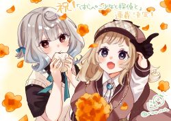 2girls :d arm_up black_gloves black_shirt bolo_tie brown-framed_eyewear brown_background brown_capelet brown_eyes brown_hair brown_hat brown_skirt capelet character_request closed_mouth collared_shirt commentary_request deerstalker eating eyewear_on_headwear food gloves grey_hair half_gloves hands_up harapeko_shoujo_to_tantei_to haruno_rikka hat highres holding holding_food long_sleeves multiple_girls open_mouth petals plaid_clothes plaid_hat plaid_skirt pointing red_eyes rino_cnc round_eyewear shirt skirt smile steamed_bun sweater_vest translation_request upper_body white_shirt