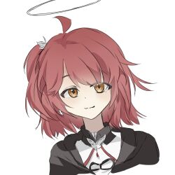 1girl ahoge arknights closed_mouth cropped_shoulders earrings exusiai_(arknights) exusiai_the_new_covenant_(arknights) halo highres jewelry light_blush looking_at_viewer ray_baiye red_hair short_hair simple_background single_earring sketch smile solo split_mouth traditional_halo white_background white_halo yellow_eyes