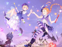 Rule 34 | 2girls, absurdres, bat (animal), blanca (sugar sugar rune), blonde hair, boots, braided twintails, chocolat meilleure, commentary request, dress, duke (sugar sugar rune), ein (artist), frilled dress, frills, frog, green eyes, heart, highres, holding, holding umbrella, magical girl, mouse (animal), multiple girls, orange hair, pantyhose, purple sky, purple thighhighs, short hair, sky, sleeveless, smile, socks, sugar sugar rune, thighhighs, umbrella, vanilla mieux, wand, white socks
