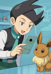 1boy :d belt belt_buckle black_vest buckle eevee gen_1_pokemon green_eyes green_necktie green_pants happy highres holding indoors long_sleeves looking_down male_focus nakikot_t necktie nintendo open_mouth pants pointy_hair poke_ball poke_ball_(basic) pokemon pokemon_(creature) pokemon_dppt pokemon_platinum shirt smile thorton_(pokemon) vest white_shirt