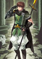 1boy arm_armor armor asymmetrical_sleeves belt belt_buckle black_(artist) black_belt black_cape boots bracer brown_boots brown_eyes brown_facial_hair brown_hair buckle cape closed_mouth durindana_(fate) elbow_gloves facial_hair fate/grand_order fate_(series) feet_out_of_frame fingerless_gloves gloves goatee green_tunic grey_gloves hair_between_eyes hand_on_own_hip hand_up hector_(fate) long_hair looking_at_viewer low_ponytail male_focus official_art pants polearm ponytail short_sleeves single_bracer single_elbow_glove single_fingerless_glove single_glove sleeveless smile solo standing third-party_source toned toned_male tunic uneven_sleeves variant_set weapon white_pants