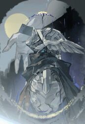 1boy armor black_background black_capelet blue_tunic capelet covered_face elden_ring elden_ring_nightreign helmet highres huixingweiqi looking_up moon pauldrons rain scale_armor shoulder_armor solo_focus tunic upper_body winged_helmet wylder_(elden_ring)