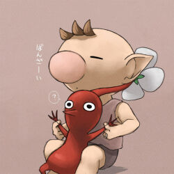 1boy ? alternate_costume bare_arms bare_legs bare_shoulders big_nose black_eyes brown_background brown_hair brown_tank_top closed_eyes closed_mouth colored_skin commentary_request creature_on_lap expressionless feet_out_of_frame fingernails flower grey_shorts holding_another&#039;s_wrists jewelry looking_at_viewer male_focus naru_(wish_field) nintendo no_mouth olimar pikmin_(creature) pikmin_(series) pointy_ears pointy_nose red_pikmin red_skin ring shadow short_hair shorts simple_background sitting spoken_question_mark tank_top translation_request very_short_hair wedding_ring white_flower