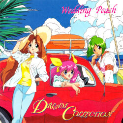 1990s_(style) 3girls ai_tenshi_densetsu_wedding_peach arm_up blue_eyes bracelet brown_eyes brown_hair car casual character_name copyright_name day green_eyes green_hair hanasaki_momoko hat jewelry long_hair looking_at_viewer motor_vehicle multiple_girls non-web_source official_art open_mouth outdoors pink_hair red_car retro_artstyle scan shirt short_hair smile standing straw_hat sun_hat tamano_hinagiku tanima_yuri unbuttoned unbuttoned_shirt white_shirt