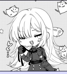 :d blush cat chibi closed_eyes eyepatch gloves goddess_of_victory:_nikke guillotine_(nikke) long_hair long_sleeves military_uniform open_mouth smile sweatdrop tu_pa_pa_pa