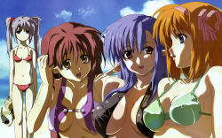 00s 4girls adjusting_hair beach bikini blue_eyes blue_hair breasts breasts_apart brown_eyes covered_erect_nipples day fuyou_kaede hair_ribbon tucking_hair highres hosoda_naoto large_breasts lisianthus megami_magazine multiple_girls nerine orange_eyes orange_hair outdoors pointy_ears primula purple_eyes purple_hair red_eyes red_hair ribbon shuffle! silver_hair stuffed_animal stuffed_cat stuffed_toy swimsuit twintails upper_body