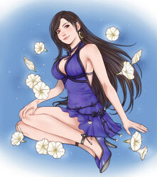 1girl bare_arms bare_legs bare_shoulders black_hair blue_dress blue_shoes blush breasts closed_mouth commentary crescent crescent_earrings crylin6 dress earrings english_commentary final_fantasy final_fantasy_vii final_fantasy_vii_remake flower full_body gold_earrings hand_on_own_knee high_heels highres jewelry large_breasts lips long_hair neck_ribbon official_alternate_costume pink_lips red_eyes ribbon shoes short_dress single_earring sitting smile solo swept_bangs tifa_lockhart tifa_lockhart_(refined_dress) white_flower yokozuwari